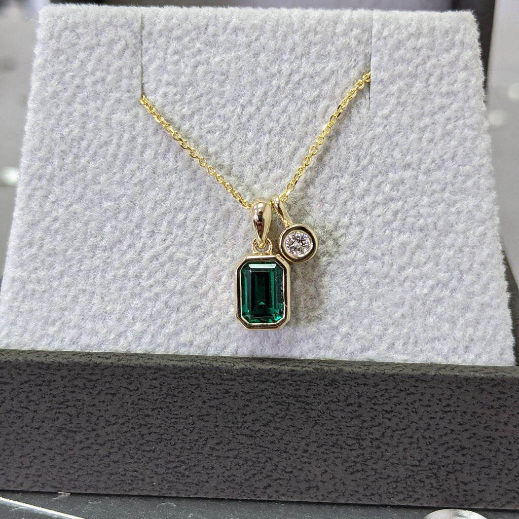 14k Emerald Necklace, Bezel Set Necklace, Crystal Solitaire & Diamond, May Birthstone Gift, Delicate Emerald Solitaire Necklace