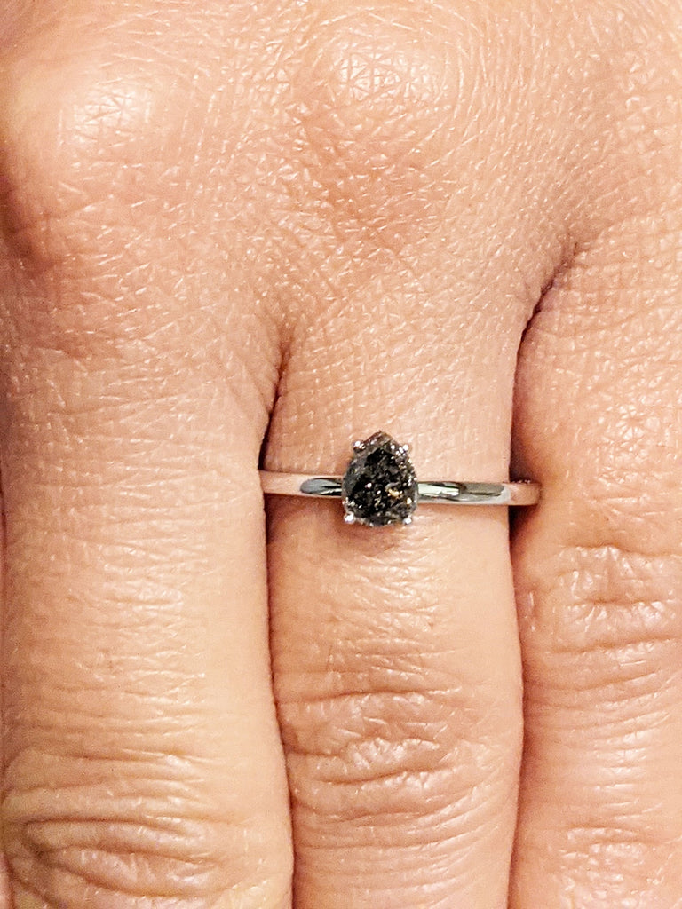 0.75ct 1920's Raw Salt and Pepper Diamond, Rose Cut Pear Diamond Ring, Unique Engagement, Black, Gray Pear, 14k Yellow, Rose, or White Gold