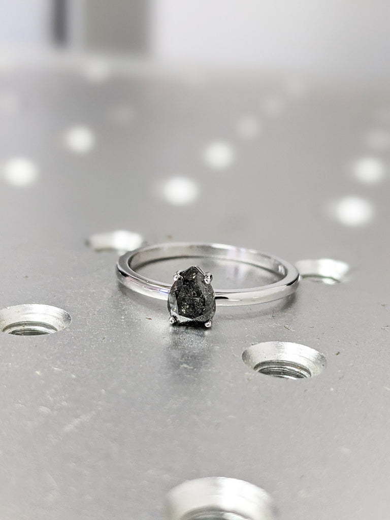 0.75ct 1920's Raw Salt and Pepper Diamond, Rose Cut Pear Diamond Ring, Unique Engagement, Black, Gray Pear, 14k Yellow, Rose, or White Gold