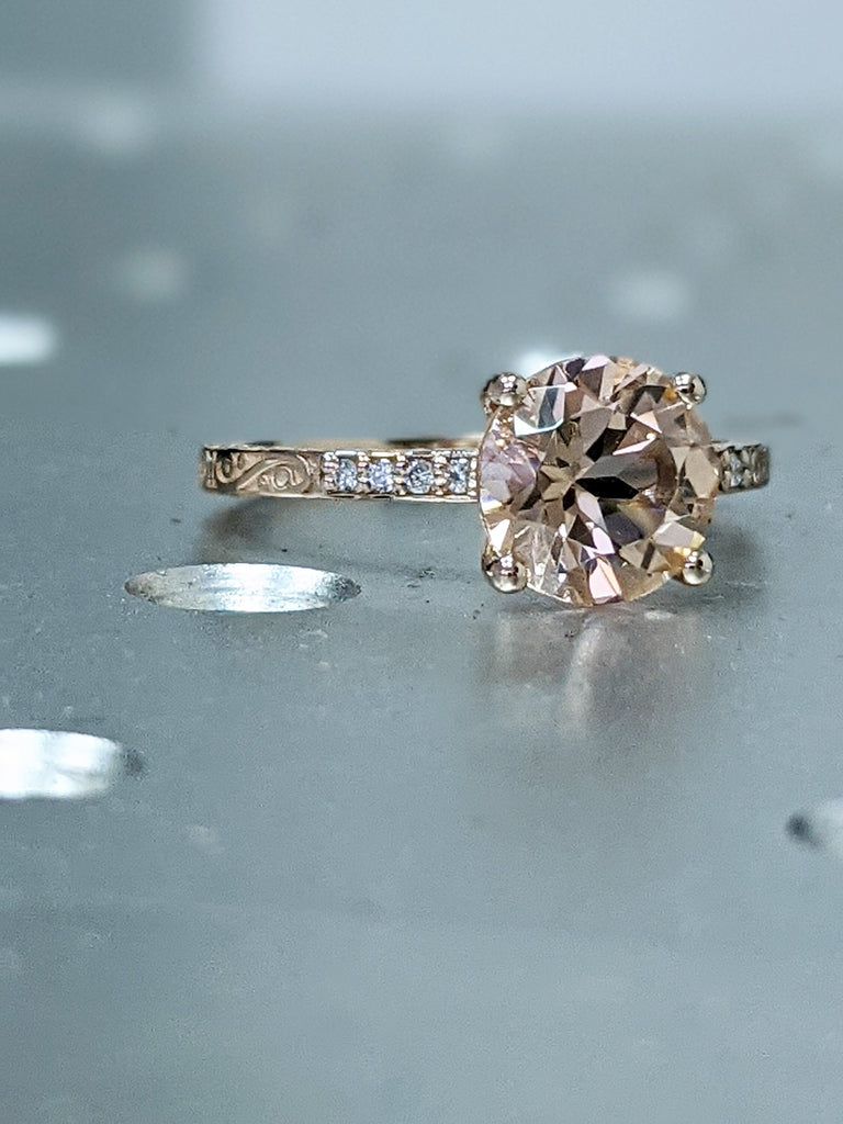 8mm Morganite Engagement Ring, Vintage Floral Morganite Ring, Rose Gold Floral Engagement Ring, Nature Inspired Leaf Morganite Ring