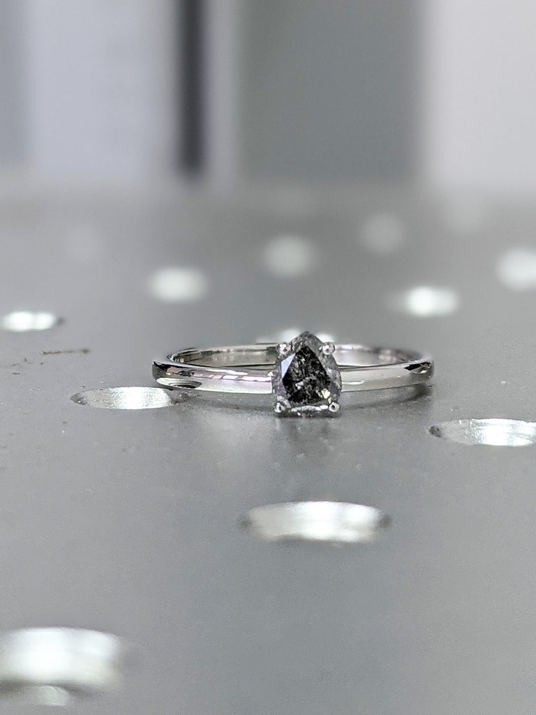 0.5ct Raw Salt and Pepper Diamond, Rose Cut Pear Diamond Ring, Unique Engagement, Black, Gray Pear, 14k Yellow, Rose, or White Gold