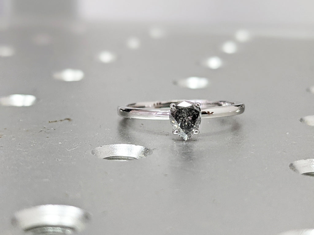 0.5ct Raw Salt and Pepper Diamond, Rose Cut Pear Diamond Ring, Unique Engagement, Black, Gray Pear, 14k Yellow, Rose, or White Gold