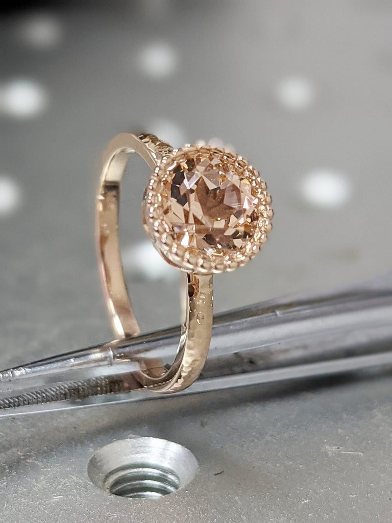 Hammered Bezel Set Morganite Ring Morganite Engagement Ring Rose Gold Round Cut Ring Stacking Minimalist Anniversary Simple Basic Everyday