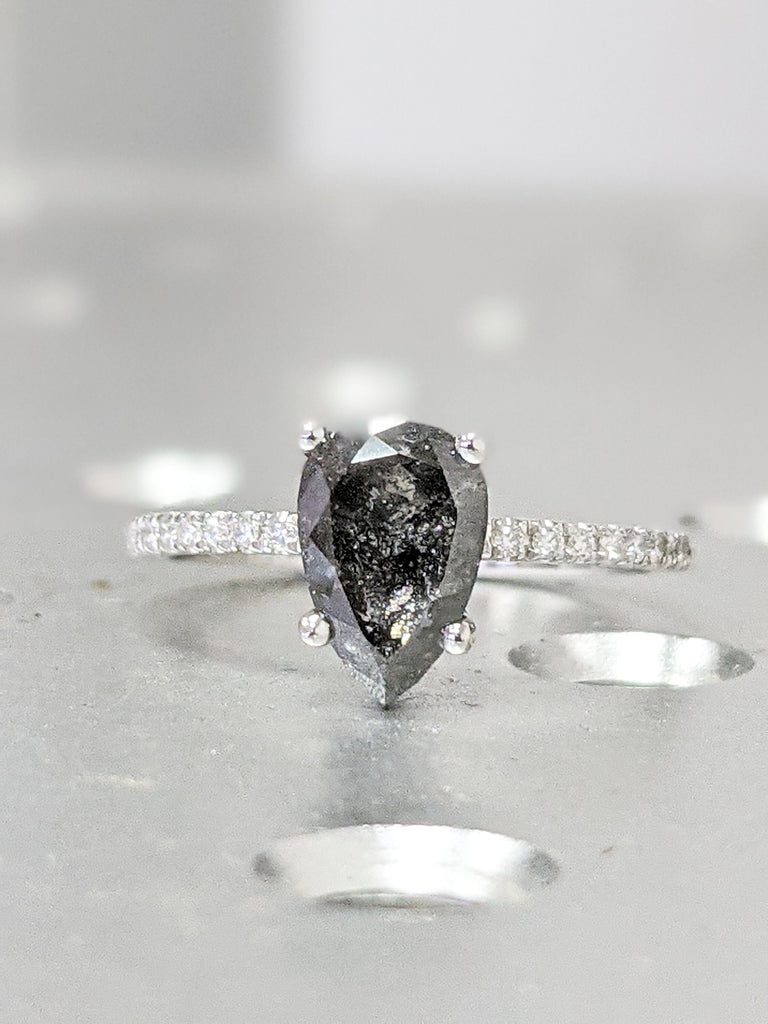 1920's Raw Salt and Pepper Diamond, Pear Diamond Ring, Unique Engagement Bridal Set, Black, Gray Pear, 14k Yellow, Rose, or White Gold