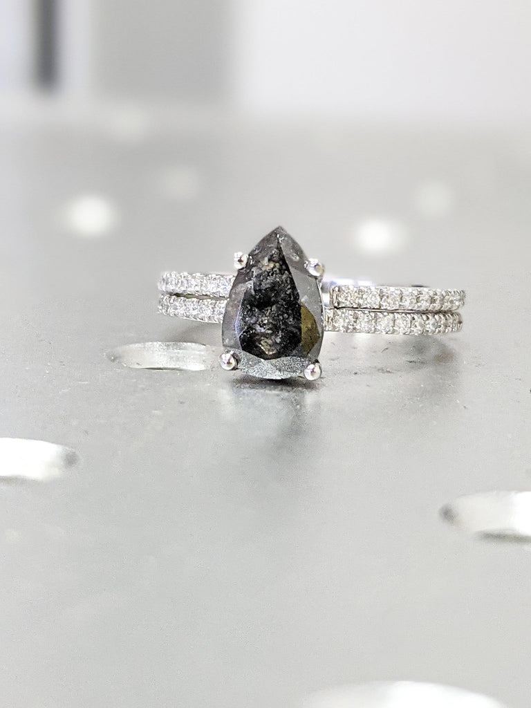 1920's Raw Salt and Pepper Diamond, Pear Diamond Ring, Unique Engagement Bridal Set, Black, Gray Pear, 14k Yellow, Rose, or White Gold