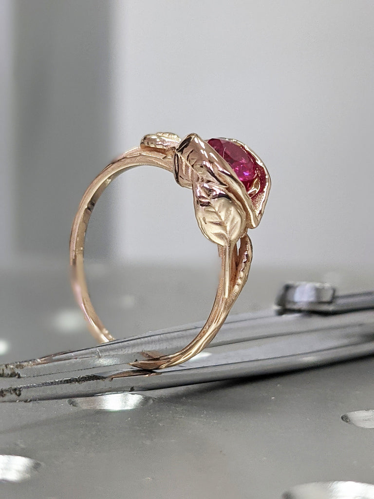 5mm Ruby Ring, Ruby Engagement Ring Leaf Engagement Ring Rose Gold Ruby Ring, Ruby Engagement Ring, Leaves Ring, Leaf Ring, Nature Ring