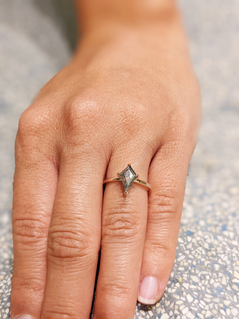 1920's Raw Salt and Pepper Diamond, Kite Diamond Ring, Unique Engagement Ring, Hidden Diamonds, Delicate Salt And Pepper Diamond Ring