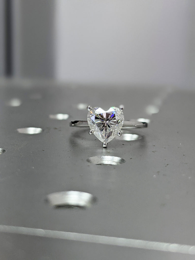 Bridal Set White Gold Petite Heart Shaped Moissanite Solitaire Ring Delicate Band, Flat Top Band, Engagement Ring Dovey