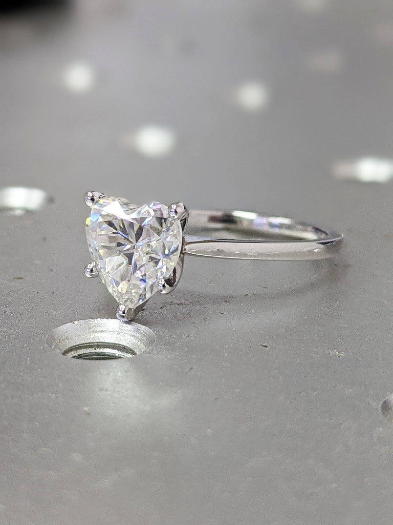 Bridal Set White Gold Petite Heart Shaped Moissanite Solitaire Ring Delicate Band, Flat Top Band, Engagement Ring Dovey