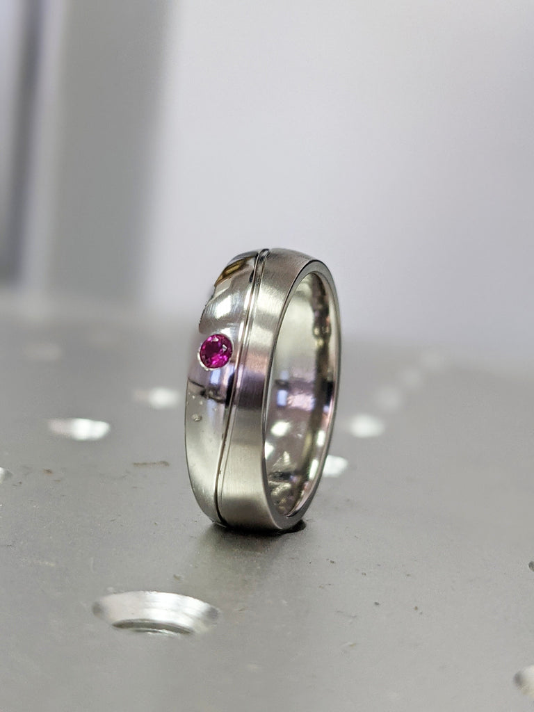 Ruby Curved Wedding Ring Wedding Band Titanium Half Polished Half Brushed Ring 6mm "The Wave" Red Ruby Band