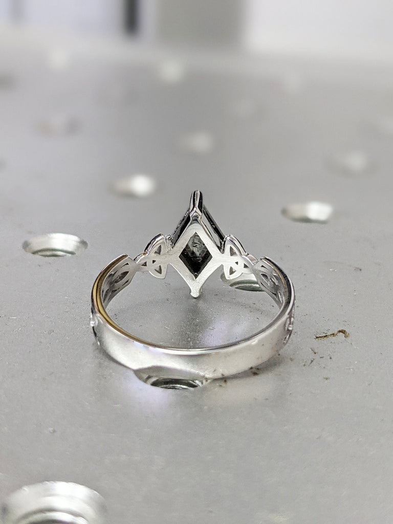 Unique Kite Diamond Vintage Celtic Engagement Ring Bridal Set, Salt And Pepper Diamond Kite Shaped Set, Twisted Engagement Ring Bridal Set