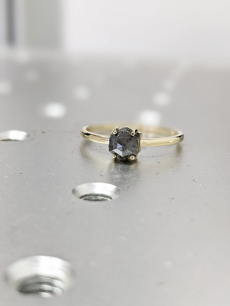 1.25ct Raw Diamond, Salt and Pepper, Hexagon, Unique Engagement Ring, Rose Cut Geometric Diamond Ring, 14k Gold, Custom Handmade