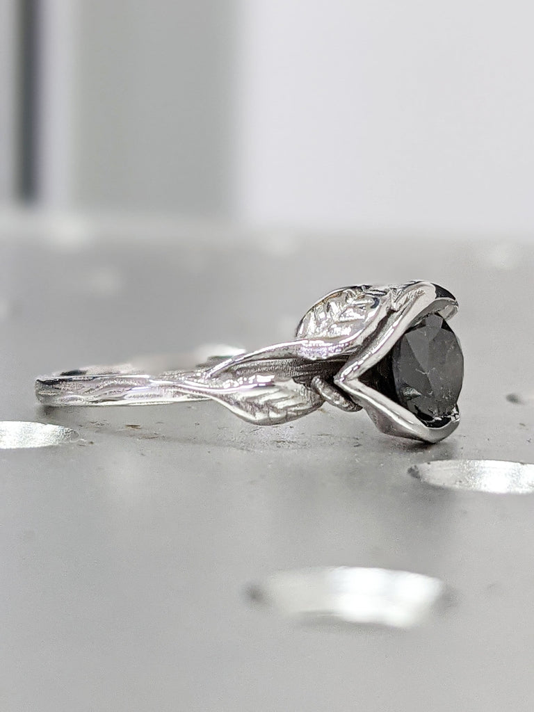 Raw Salt And Pepper Diamond Ring White Gold Brushed Lotus Flower Ring, Salt And Pepper Engagement Ring,Lotus Ring,Leaf Ring,Vintage, Bijou