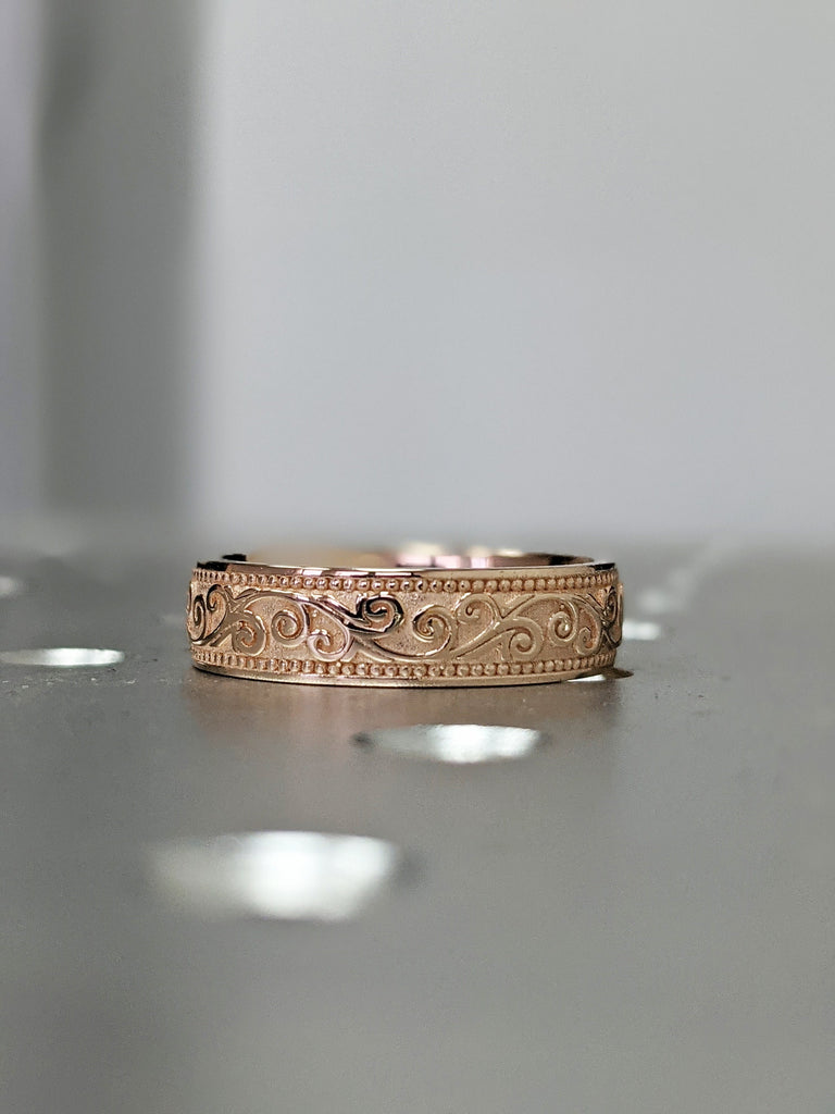 Gold Matte Wedding Band, 14K Gold Floral Wedding Ring , Filigree Wedding Band , Unique Wedding Ring 14K Gold Flower Pattern Band