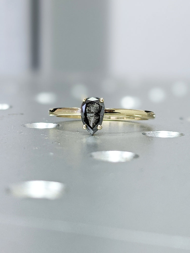 0.5ct 1920's Raw Salt and Pepper Diamond, Rose Cut Pear Diamond Ring, Unique Engagement, Black, Gray Pear, 14k Yellow, Rose, or White Gold