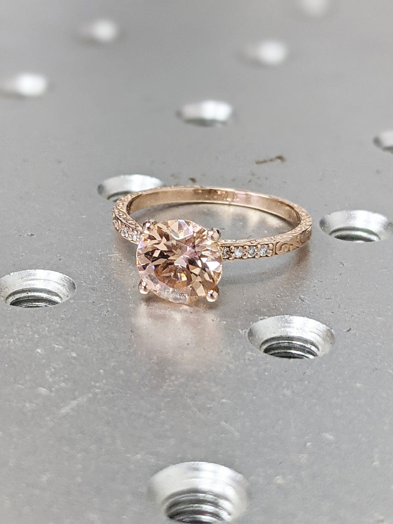 8mm Morganite Engagement Ring, Vintage Floral Morganite Ring, Rose Gold Floral Engagement Ring, Nature Inspired Leaf Morganite Ring