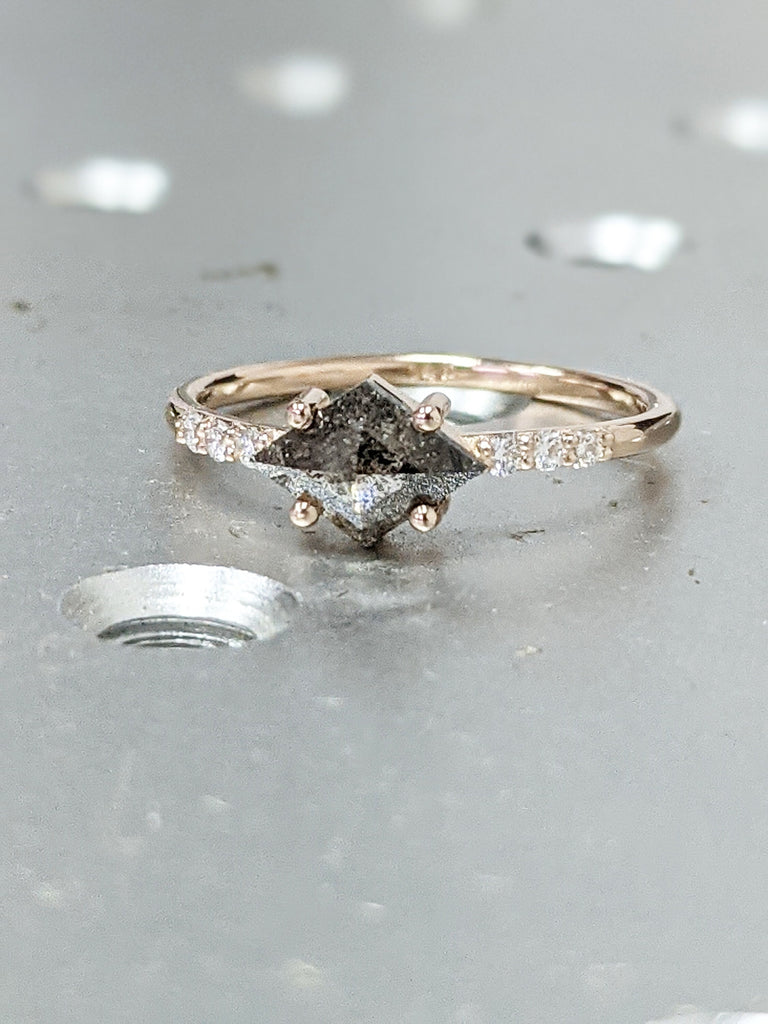 Alternative Diamond Engagement Ring Salt And Pepper Diamond, Kite Diamond Ring, Unique Salt Pepper Diamond Ring