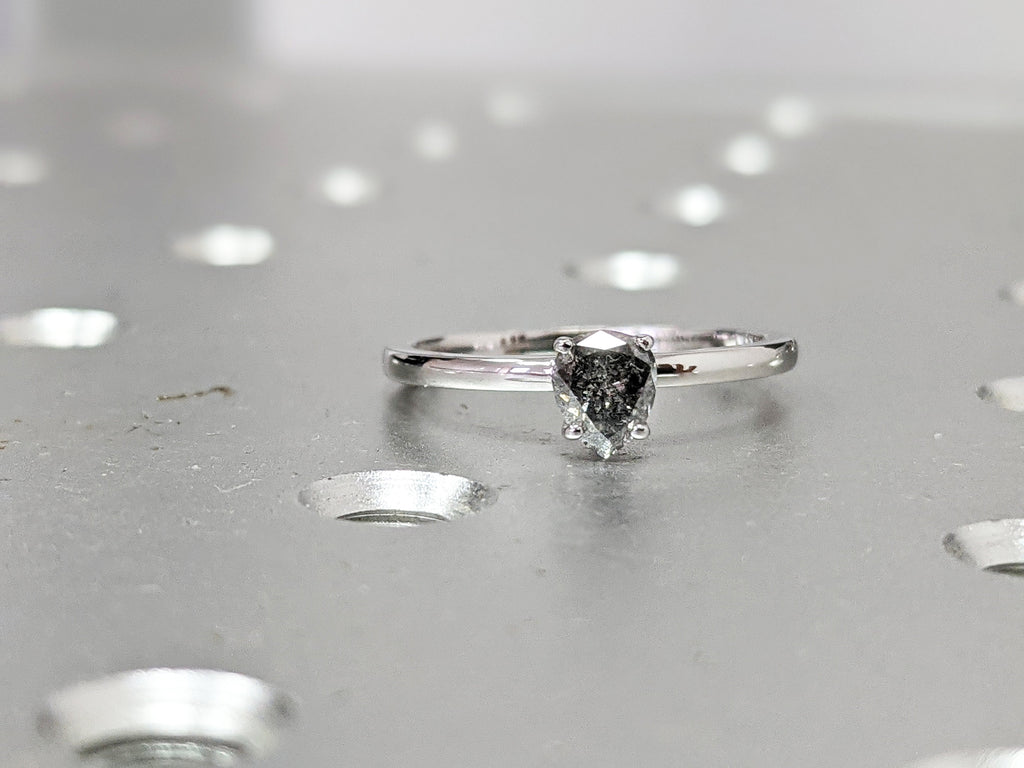 1920's Raw Salt and Pepper Diamond, Rose Cut Pear Diamond Ring, Unique Engagement, Black, Gray Pear, 14k Yellow, Rose, or White Gold Set