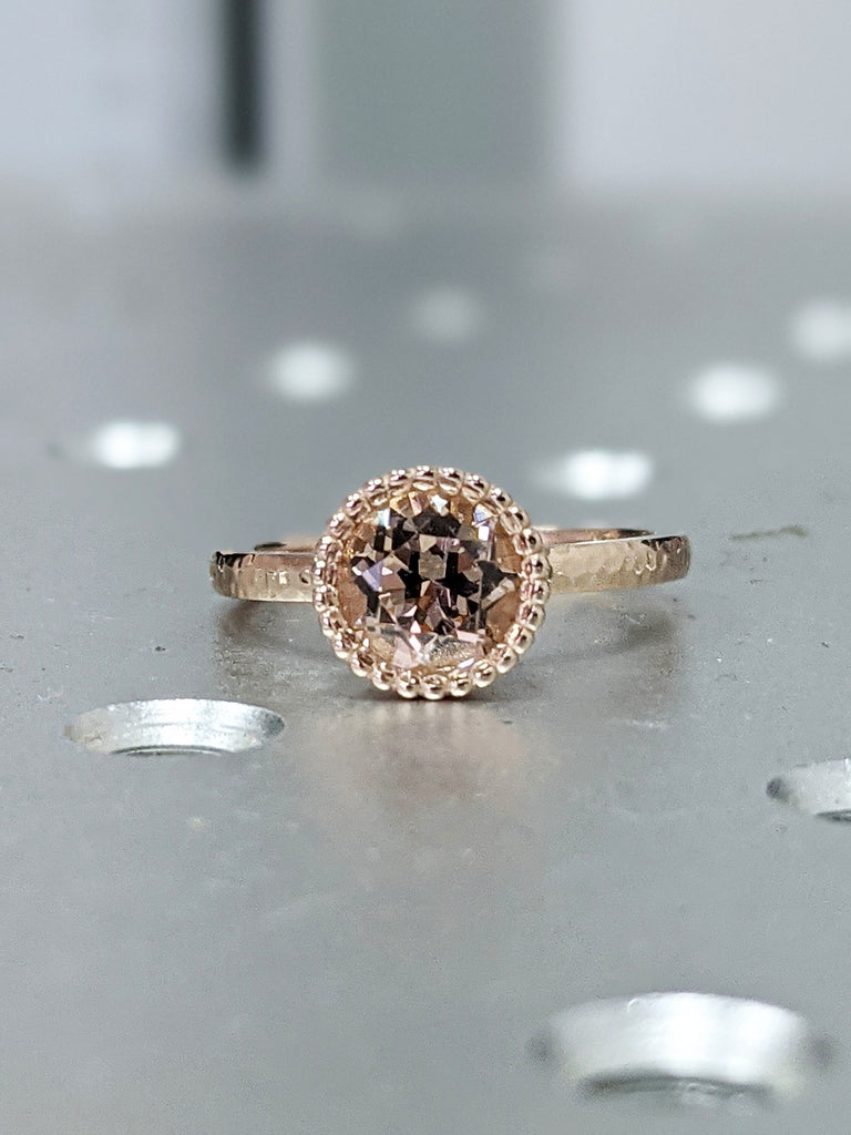 Hammered Bezel Set Morganite Ring Morganite Engagement Ring Rose Gold Round Cut Ring Stacking Minimalist Anniversary Simple Basic Everyday