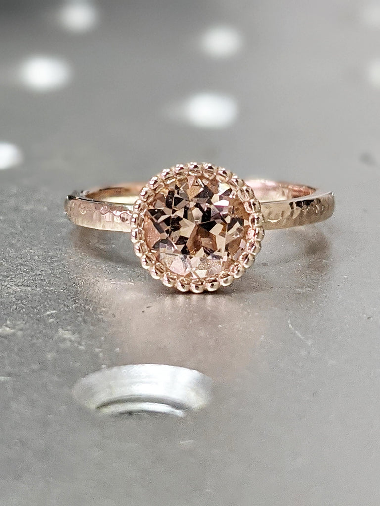 Hammered Bezel Set Morganite Ring Morganite Engagement Ring Rose Gold Round Cut Ring Stacking Minimalist Anniversary Simple Basic Everyday