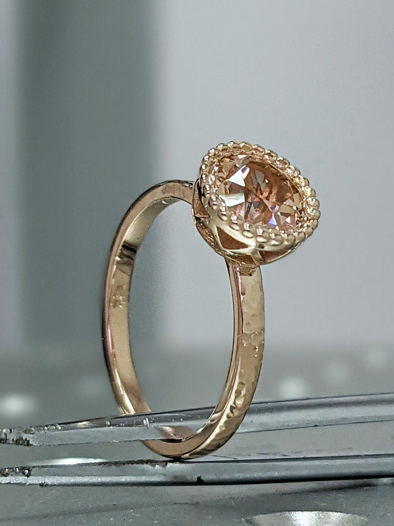 Hammered Bezel Set Morganite Ring Morganite Engagement Ring Rose Gold Round Cut Ring Stacking Minimalist Anniversary Simple Basic Everyday