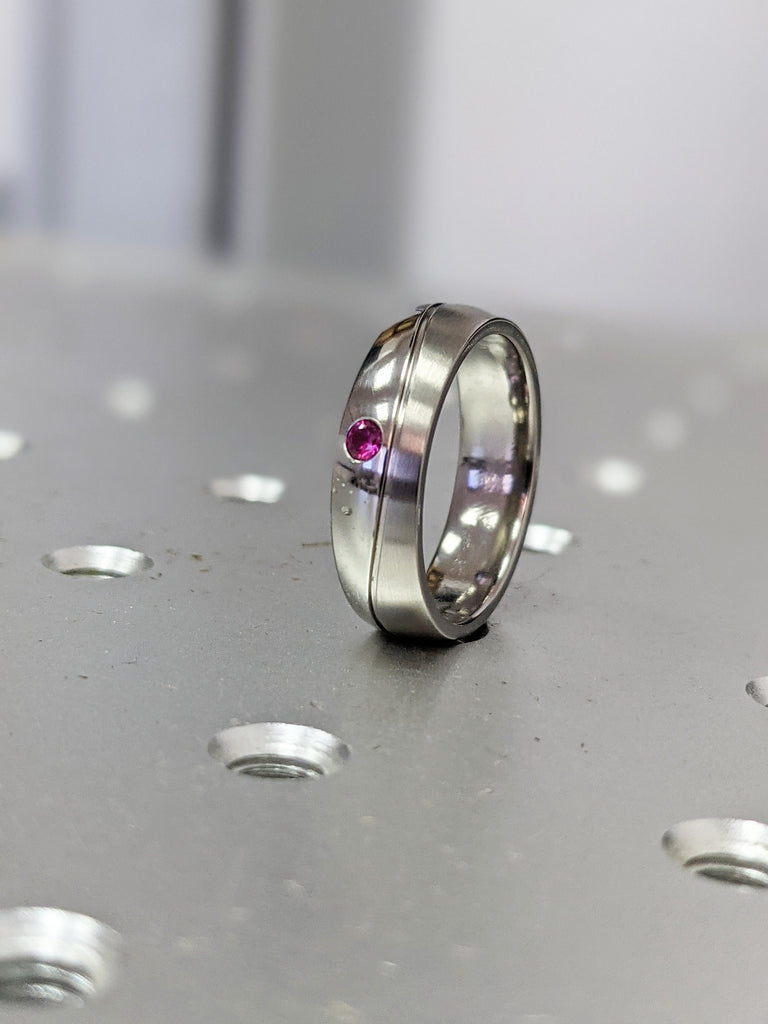 Ruby Curved Wedding Ring Wedding Band Titanium Half Polished Half Brushed Ring 6mm "The Wave" Red Ruby Band