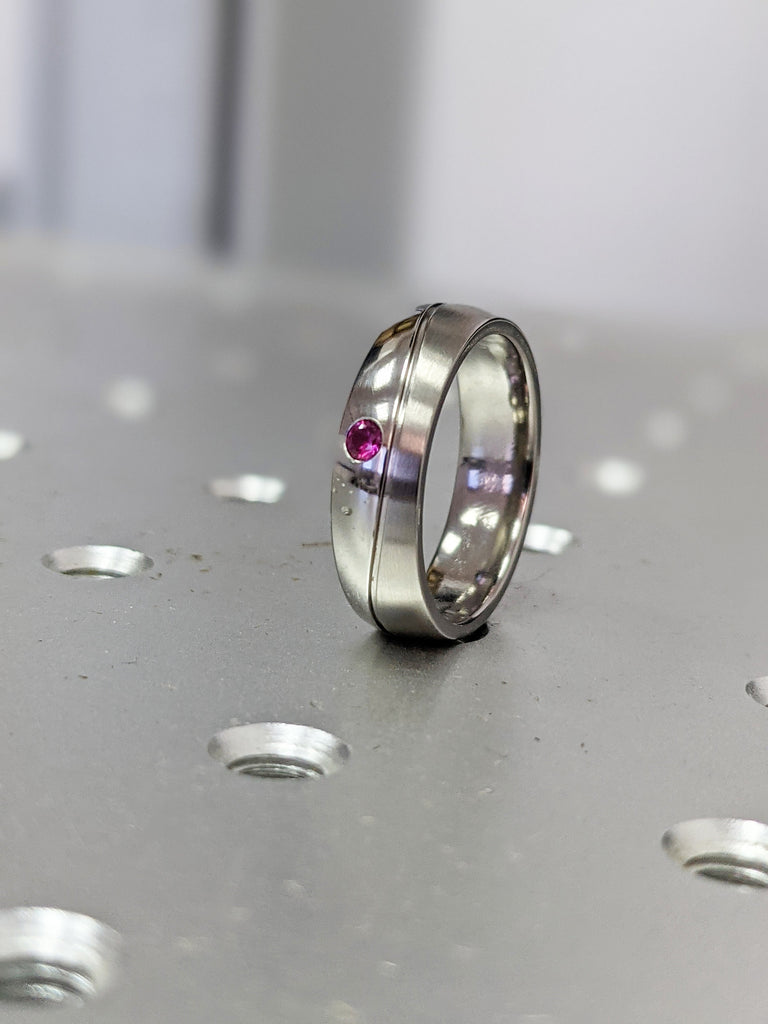 Ruby Curved Wedding Ring Wedding Band Titanium Half Polished Half Brushed Ring 6mm "The Wave" Red Ruby Band