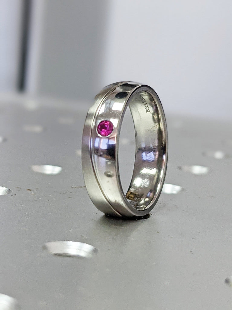 Ruby Curved Wedding Ring Wedding Band Titanium Half Polished Half Brushed Ring 6mm "The Wave" Red Ruby Band