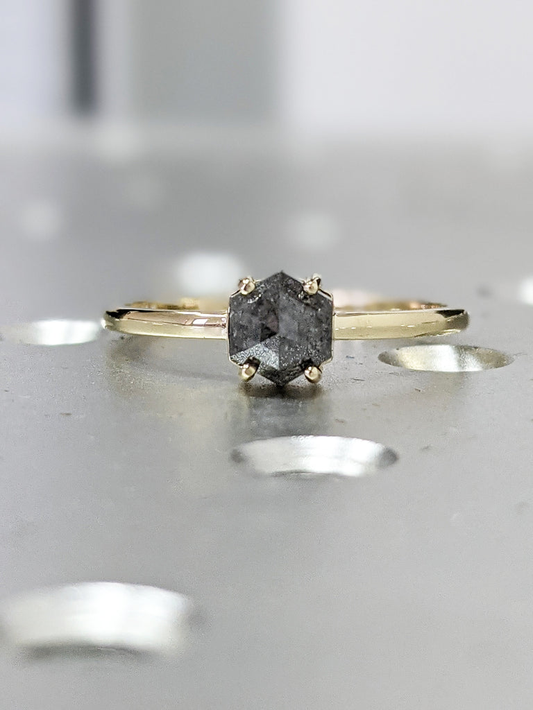 1.25ct Raw Diamond, Salt and Pepper, Hexagon, Unique Engagement Ring, Rose Cut Geometric Diamond Ring, 14k Gold, Custom Handmade