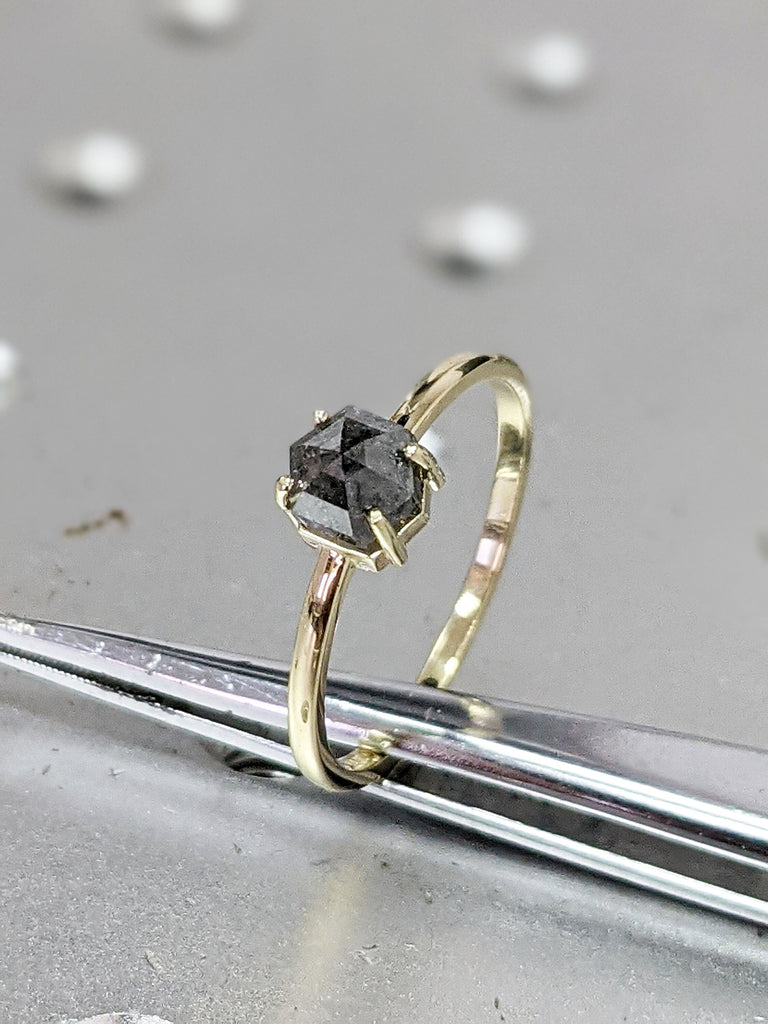 1.25ct Raw Diamond, Salt and Pepper, Hexagon, Unique Engagement Ring, Rose Cut Geometric Diamond Ring, 14k Gold, Custom Handmade