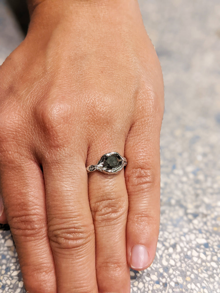 Raw Salt And Pepper Diamond Ring White Gold Brushed Lotus Flower Ring, Salt And Pepper Engagement Ring,Lotus Ring,Leaf Ring,Vintage, Bijou