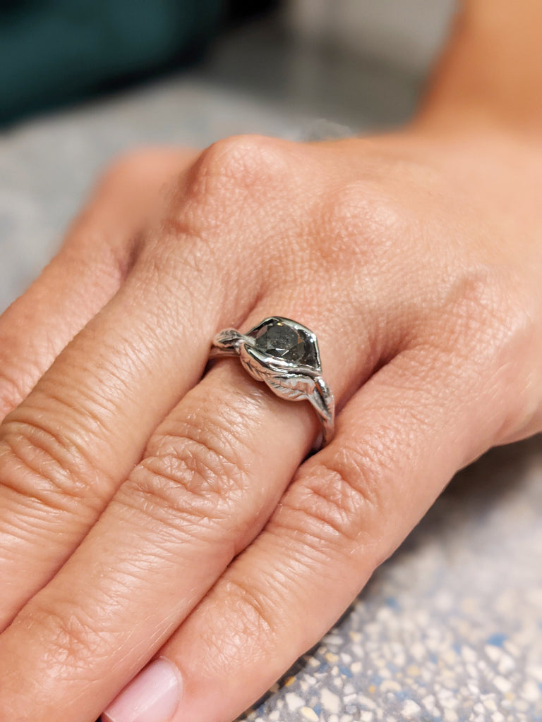 Raw Salt And Pepper Diamond Ring White Gold Brushed Lotus Flower Ring, Salt And Pepper Engagement Ring,Lotus Ring,Leaf Ring,Vintage, Bijou