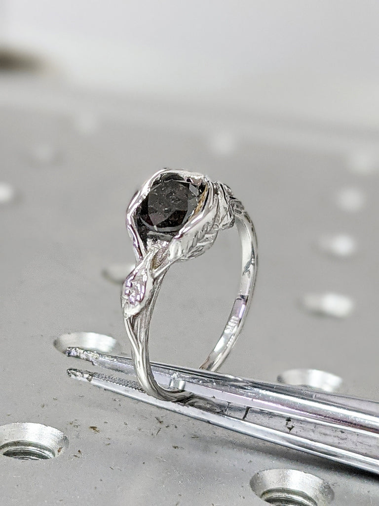 Raw Salt And Pepper Diamond Ring White Gold Brushed Lotus Flower Ring, Salt And Pepper Engagement Ring,Lotus Ring,Leaf Ring,Vintage, Bijou