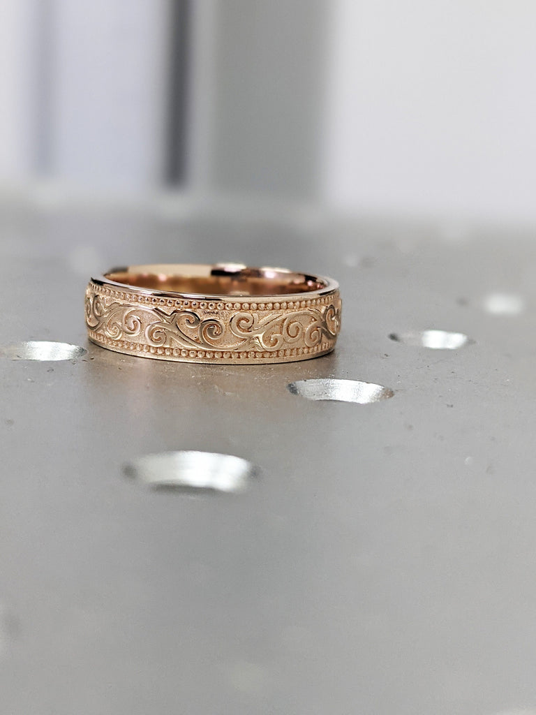 Gold Matte Wedding Band, 14K Gold Floral Wedding Ring , Filigree Wedding Band , Unique Wedding Ring 14K Gold Flower Pattern Band