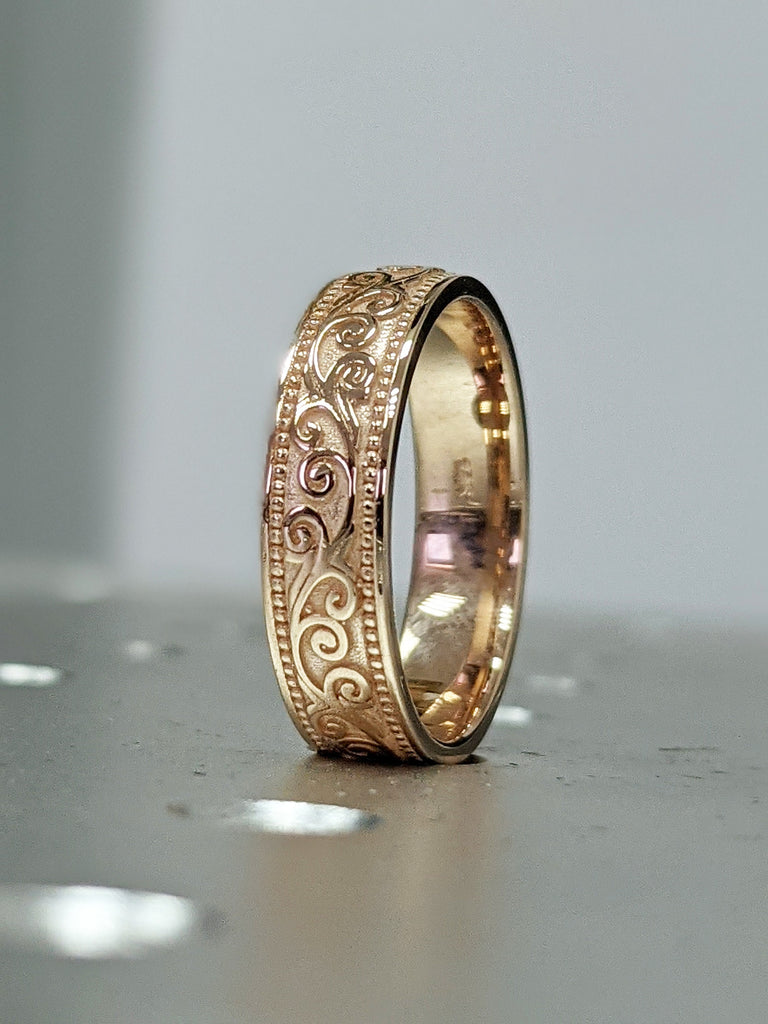 Gold Matte Wedding Band, 14K Gold Floral Wedding Ring , Filigree Wedding Band , Unique Wedding Ring 14K Gold Flower Pattern Band