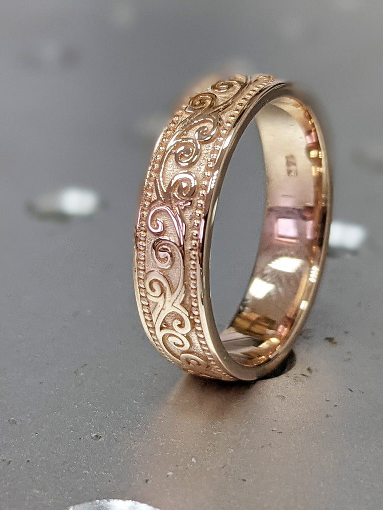 Gold Matte Wedding Band, 14K Gold Floral Wedding Ring , Filigree Wedding Band , Unique Wedding Ring 14K Gold Flower Pattern Band