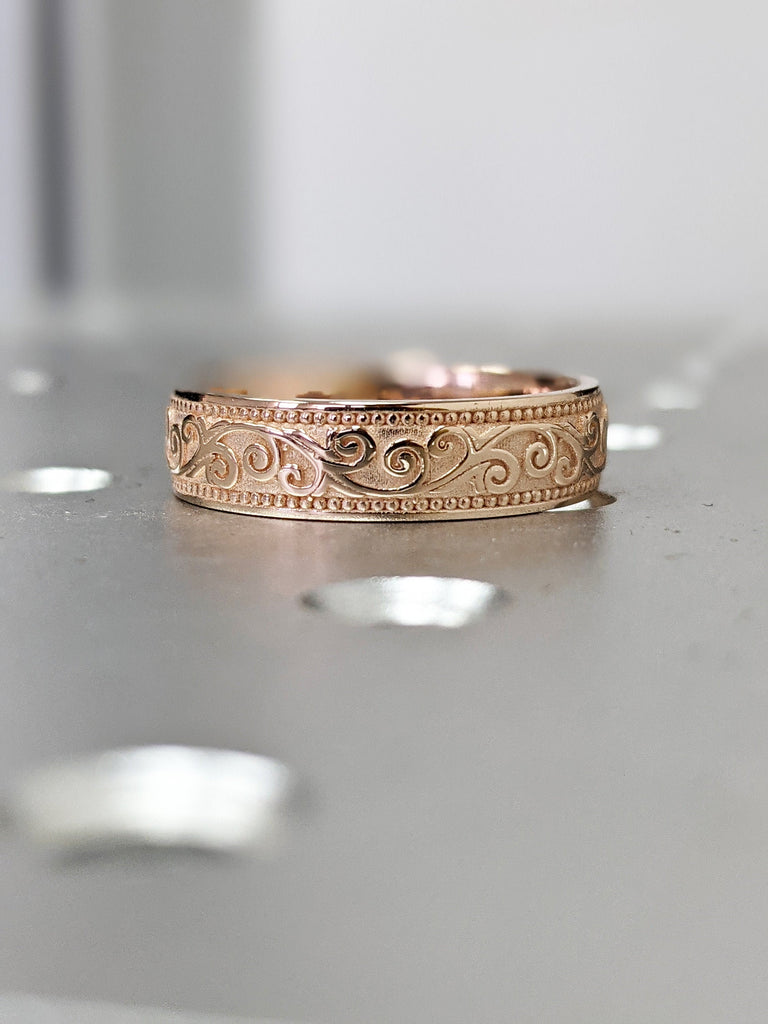 Gold Matte Wedding Band, 14K Gold Floral Wedding Ring , Filigree Wedding Band , Unique Wedding Ring 14K Gold Flower Pattern Band