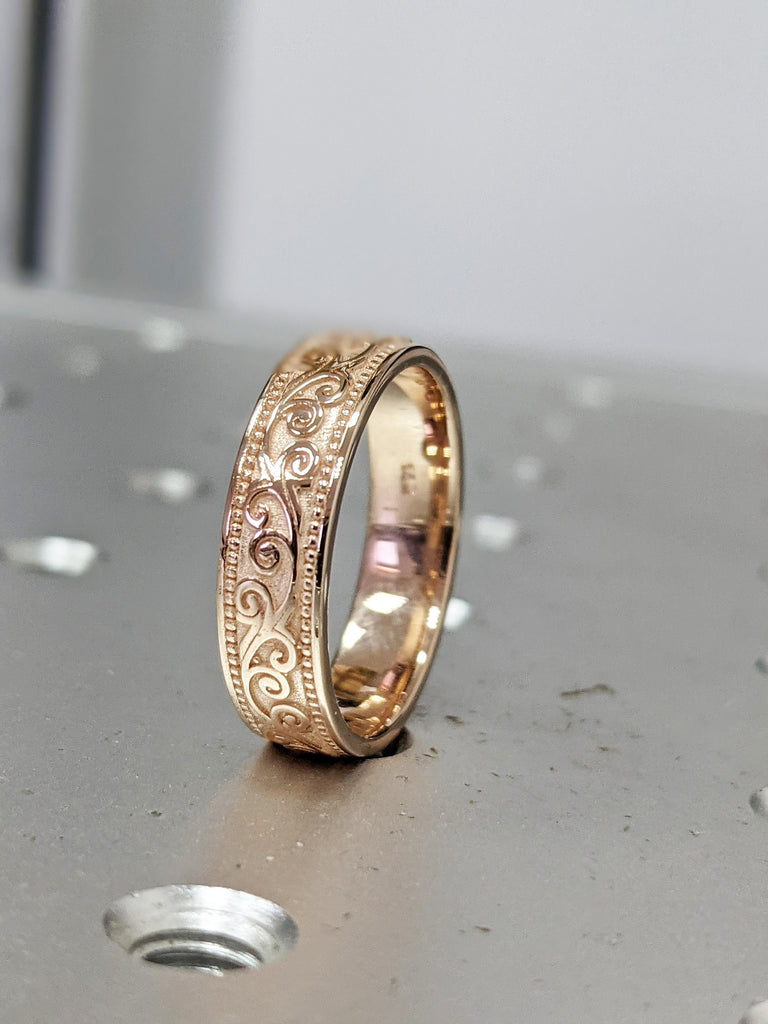 Gold Matte Wedding Band, 14K Gold Floral Wedding Ring , Filigree Wedding Band , Unique Wedding Ring 14K Gold Flower Pattern Band