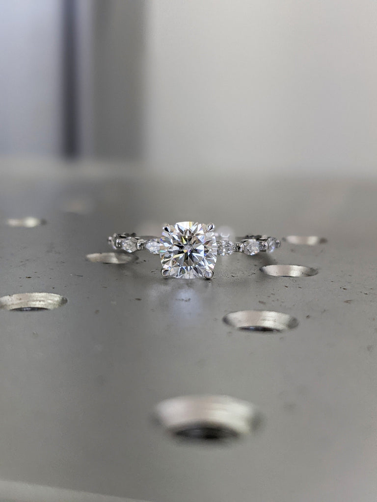 Colorless Cushion Marquise Moissanite Ring/ 7mm Cushion Cut Moissanite Engagement Ring/ Half Eternity Wedding Promise Ring/ Moissanite