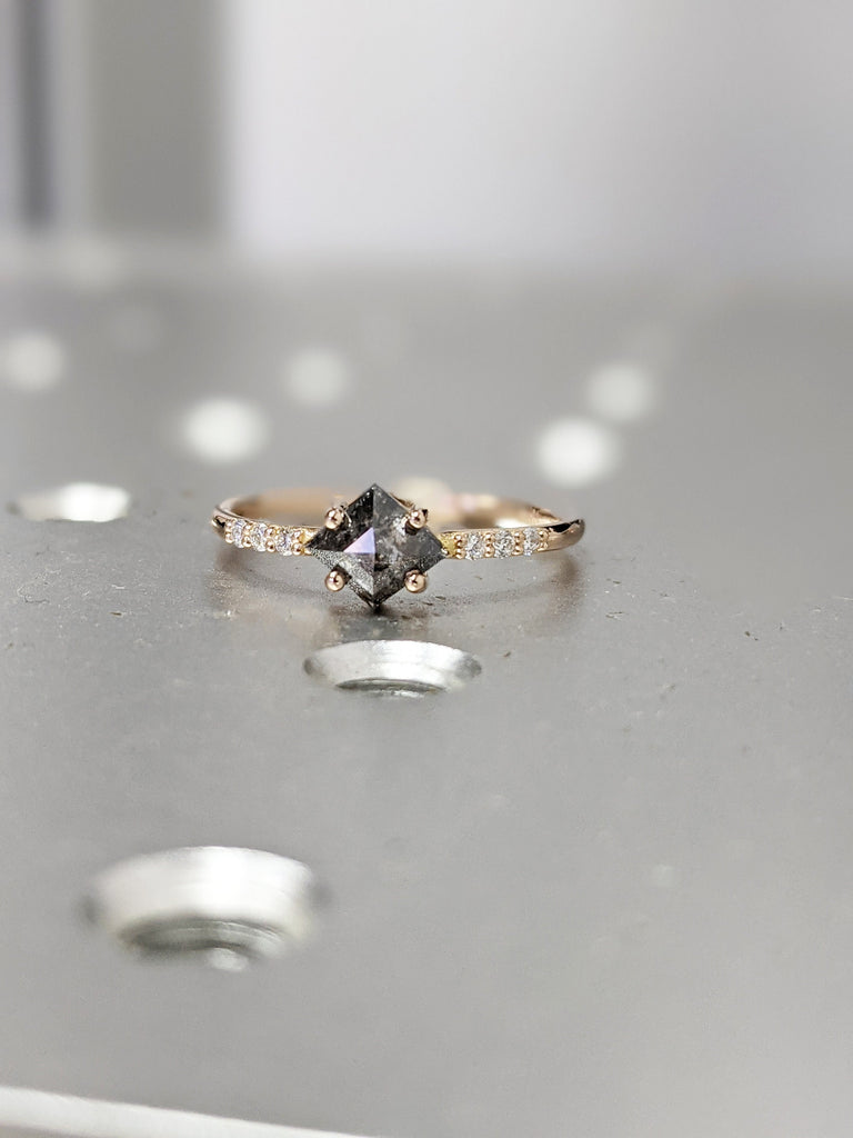 18K Rose Gold Alternative Diamond Engagement Ring Salt And Pepper Diamond, Kite Diamond Ring, Unique Salt Pepper Diamond Ring