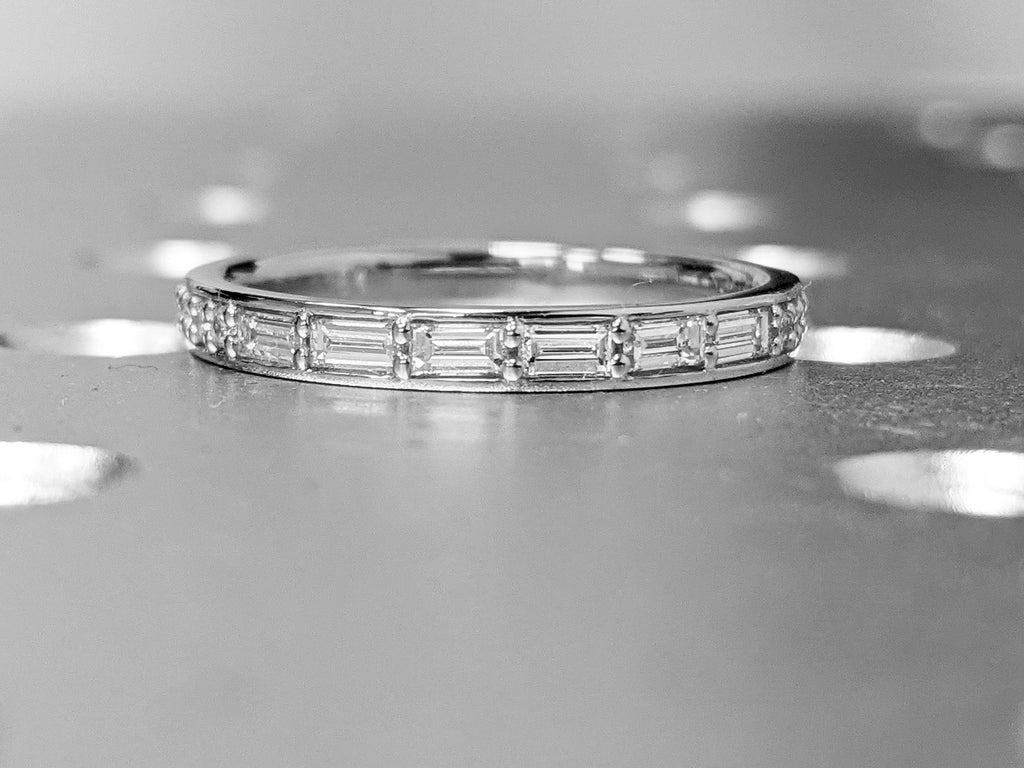 Baguette Diamond Ring / 14k White Gold Half Eternity Baguette Diamond Stackable Ring / 2.0MM Ultra Thin Baguette Diamond Wedding Ring