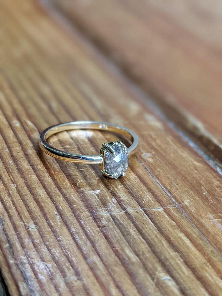 Bright 0.5ct Raw Diamond, Salt and Pepper, Hexagon, Unique Engagement Ring, Rose Cut Geometric Diamond Ring, 14k Gold, Custom Handmade