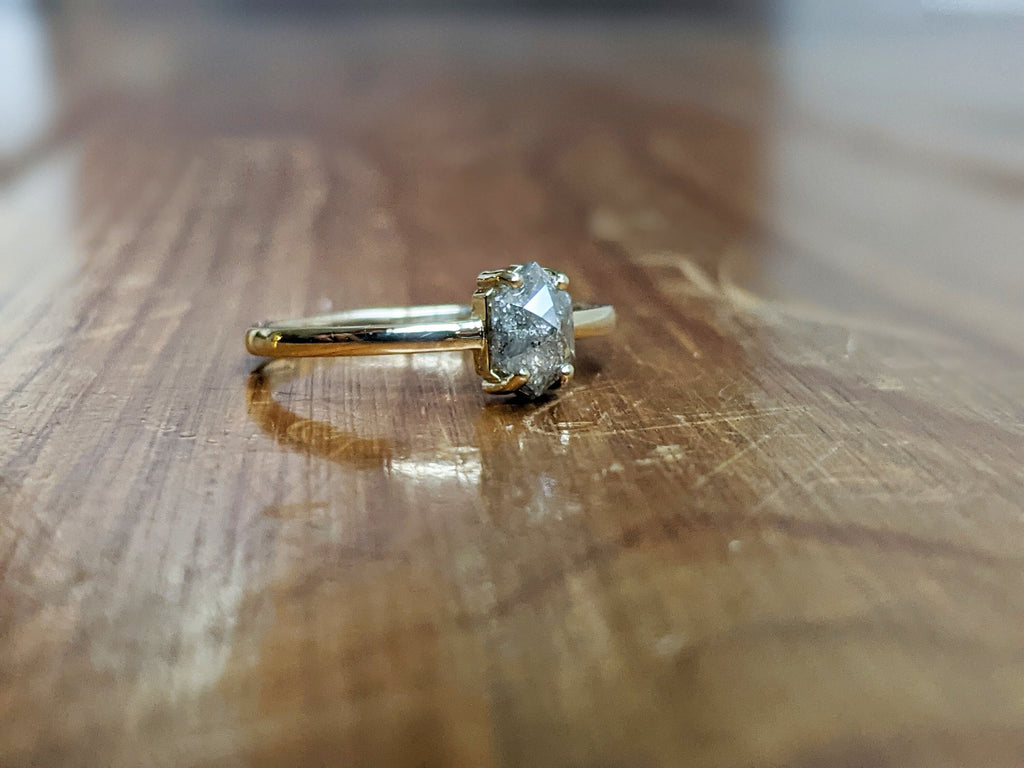 Bright 0.5ct Raw Diamond, Salt and Pepper, Hexagon, Unique Engagement Ring, Rose Cut Geometric Diamond Ring, 14k Gold, Custom Handmade