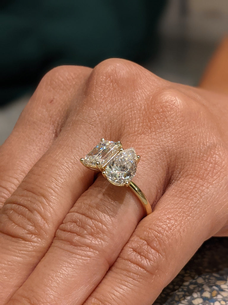 Double Stone Celebrity Engagement Ring with Full White Emerald and Pear Cut Moissanite in 14K/18K Solid Yellow/White/Rose Gold