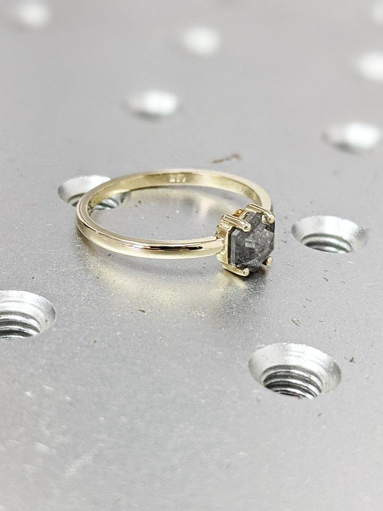 Raw Diamond, Salt and Pepper, Hexagon, Unique Engagement Ring, Rose Cut Geometric Diamond Ring, 14k Gold, Custom Handmade