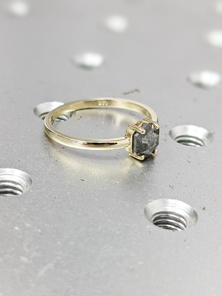 Raw Diamond, Salt and Pepper, Hexagon, Unique Engagement Ring, Rose Cut Geometric Diamond Ring, 14k Gold, Custom Handmade