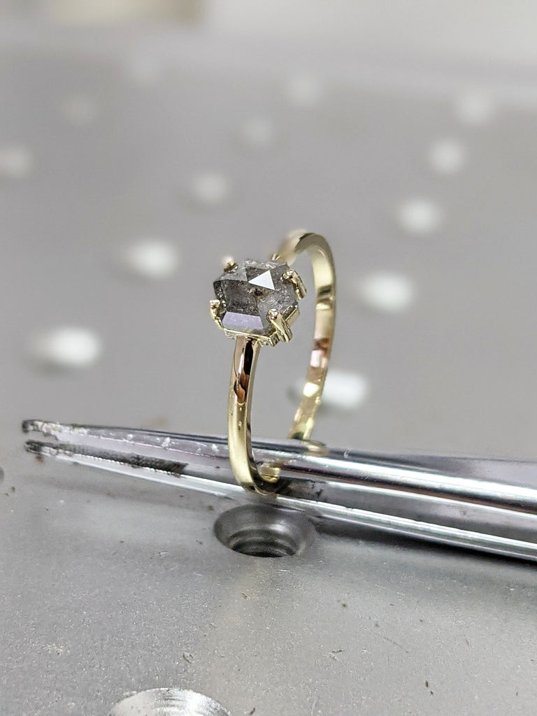 Raw Diamond, Salt and Pepper, Hexagon, Unique Engagement Ring, Rose Cut Geometric Diamond Ring, 14k Gold, Custom Handmade