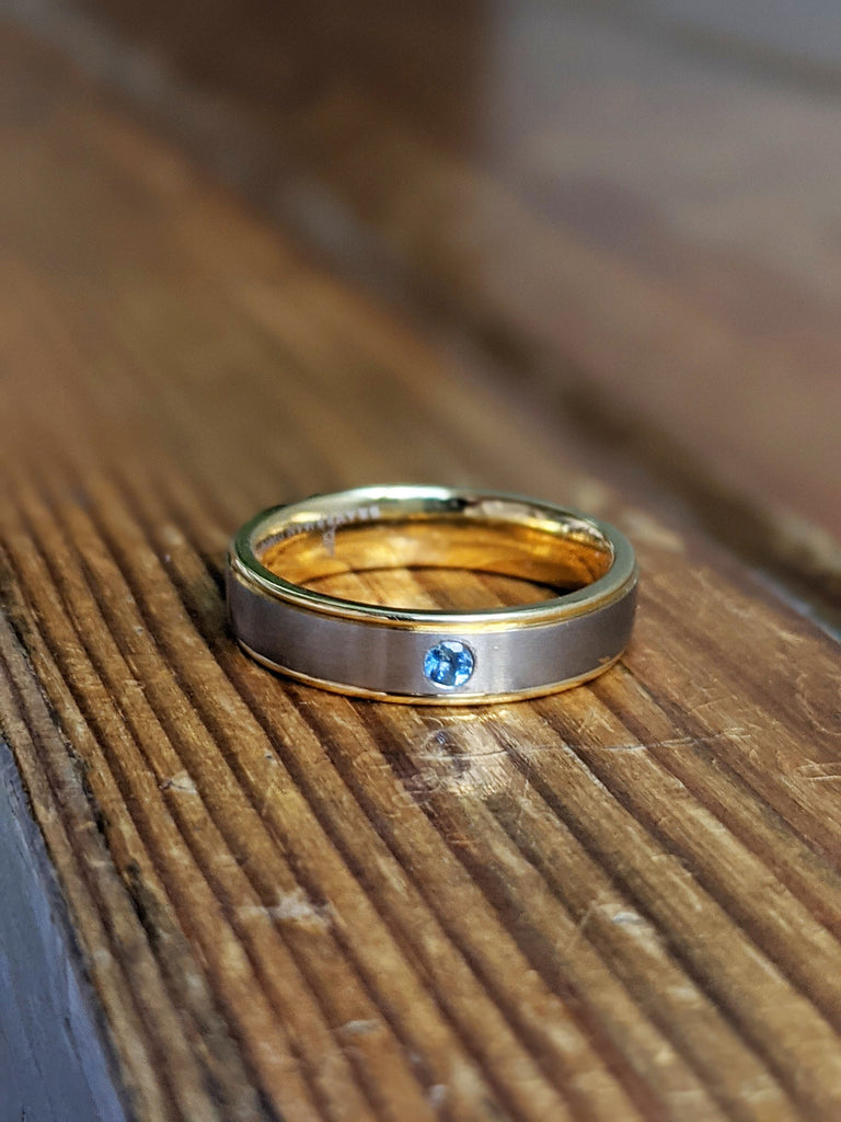 Mens Wedding Bands, 14k Yellow Gold Band, Titanium Band, Aquamarine Band, Aquamarine Ring, Satin Brushed Stepped Edges