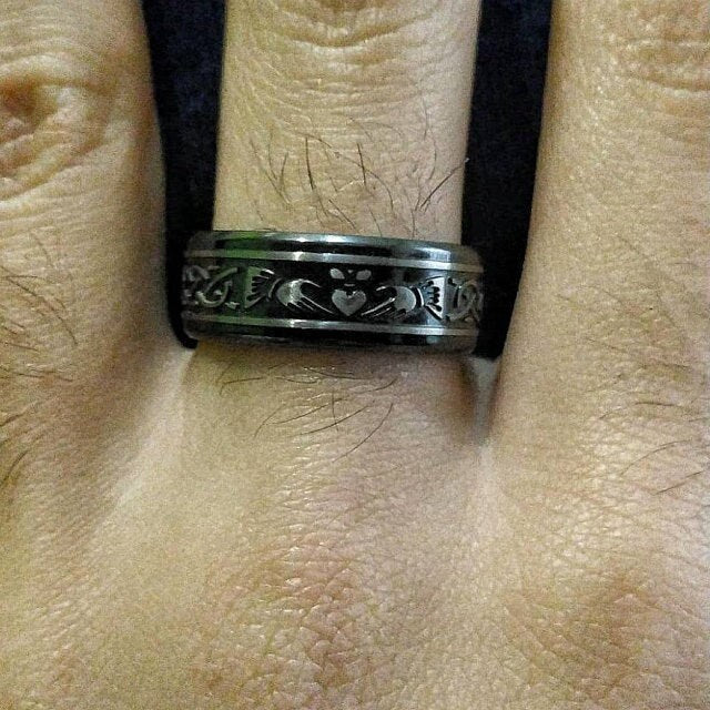 Black Zirconium Celtic Irish Claddagh Ring Hands Clasping Heart Band Carved Claddagh Black Zirconium Ring, Black Zirconium Wedding Band