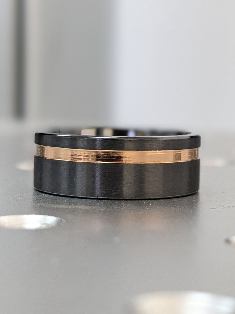 Men's Wedding Band Black Zirconium Rose Gold Stripe Ring Rose Gold Black Zirconium Ring Black Zirconium Wedding Band, Men's Wedding Band 8mm